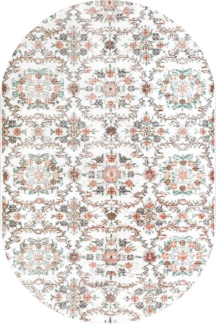 Vintage Desen Pamuk Taban Yıkanabilir Oval Halı Beyaz - 1
