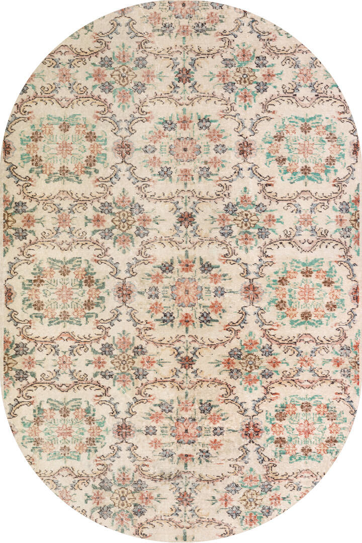 Vintage Desen Pamuk Taban Yıkanabilir Oval Halı Krem - 1