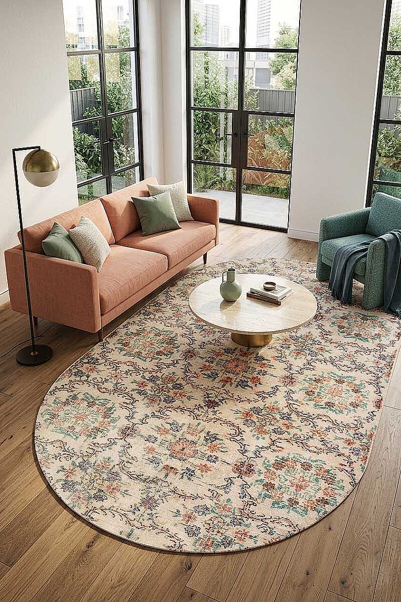 Vintage Desen Pamuk Taban Yıkanabilir Oval Halı Krem 