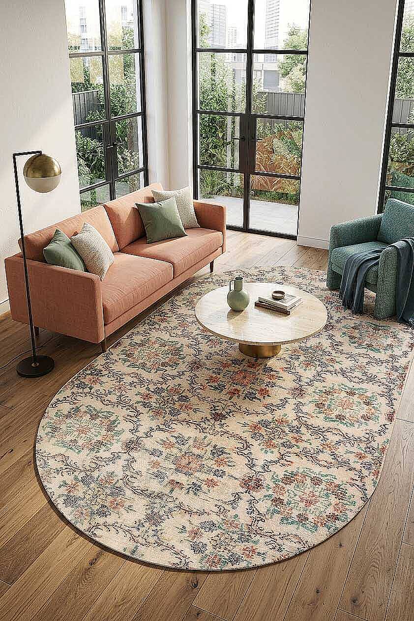 Vintage Desen Pamuk Taban Yıkanabilir Oval Halı Krem - 1