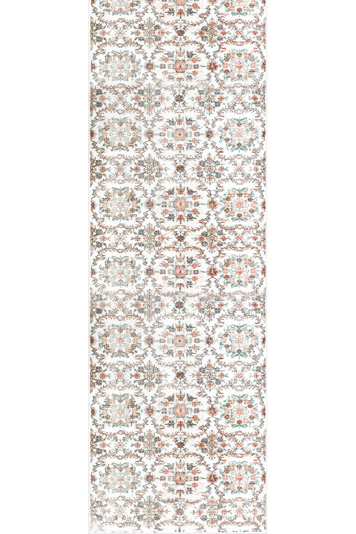 Vintage Desen Pamuk Taban Yıkanabilir Özel Ölçü Yolluk Halı Beyaz - Frenda (1)