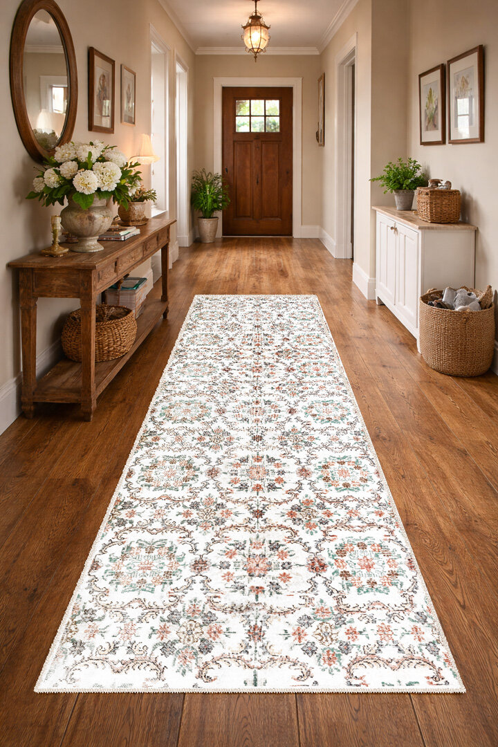 Vintage Desen Pamuk Taban Yıkanabilir Özel Ölçü Yolluk Halı Beyaz - Frenda