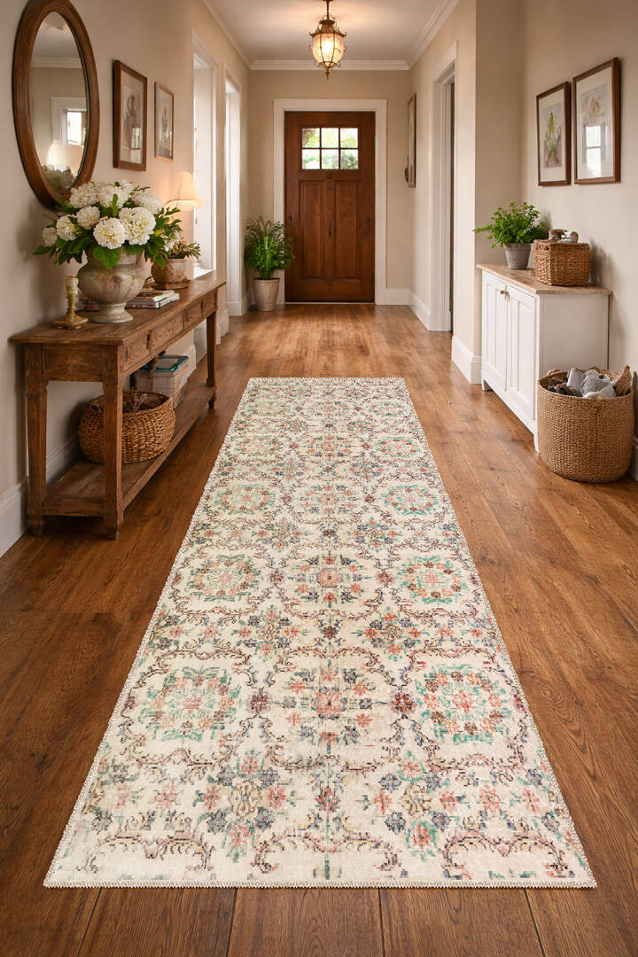 Vintage Desen Pamuk Taban Yıkanabilir Özel Ölçü Yolluk Halı Krem - 1