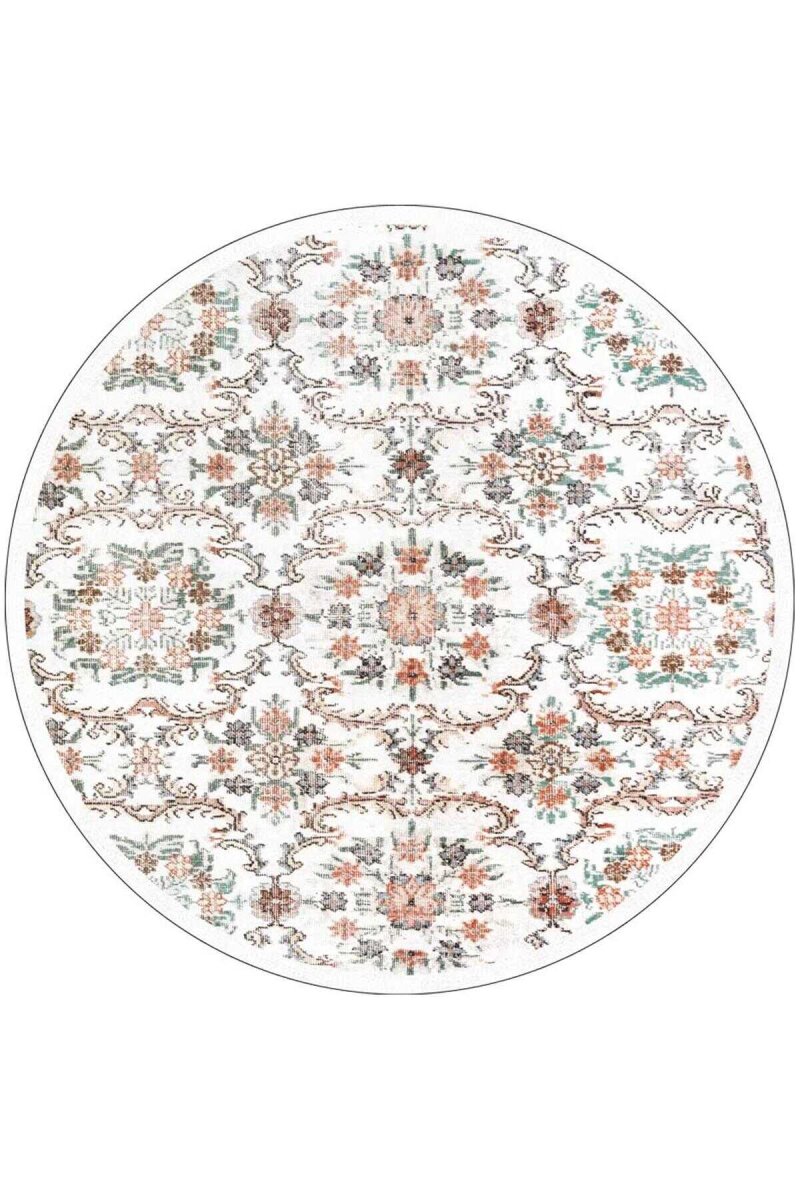 Vintage Desen Pamuk Taban Yıkanabilir Yuvarlak Halı Beyaz - Frenda