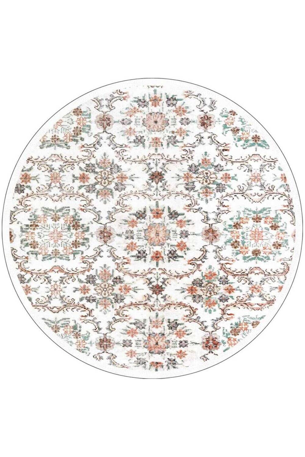 Vintage Desen Pamuk Taban Yıkanabilir Yuvarlak Halı Beyaz - 1