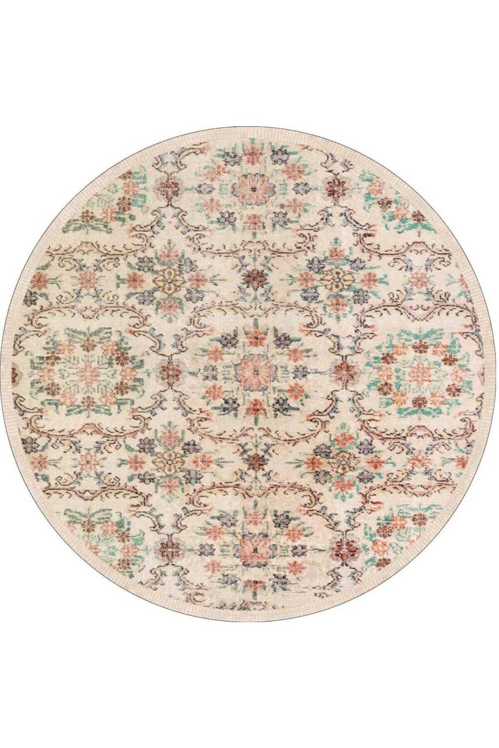 Vintage Desen Pamuk Taban Yıkanabilir Yuvarlak Halı Krem - 1