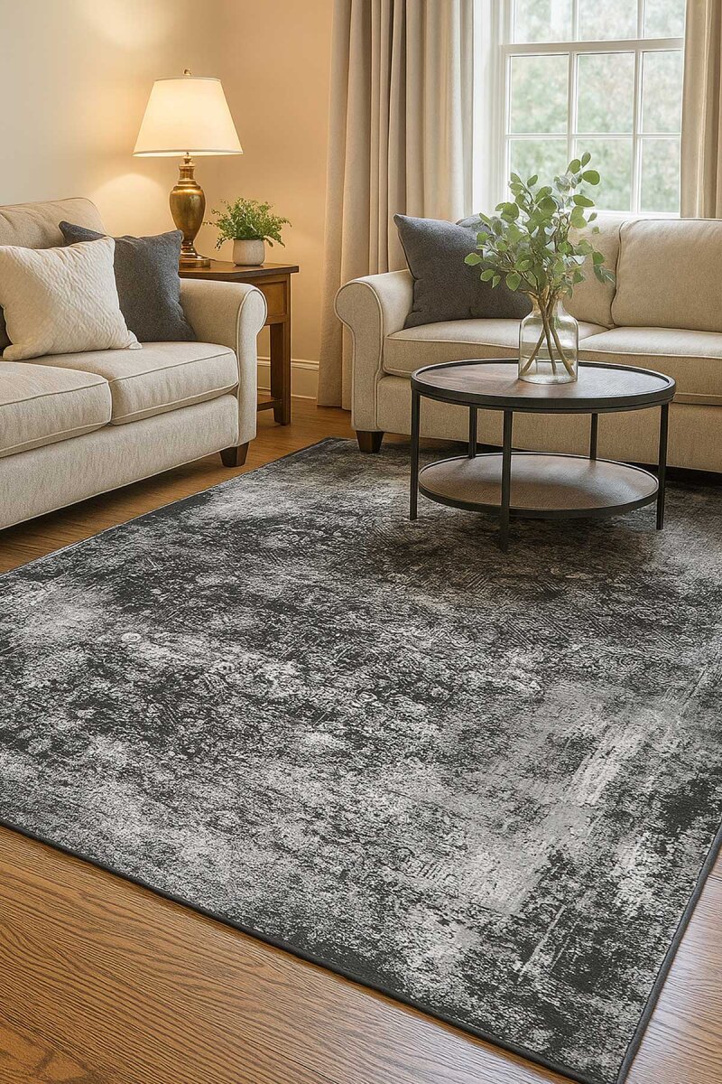 Vintage Desen Yıkanabilir Pamuk Taban Dekoratif Halı Gri - Frenda