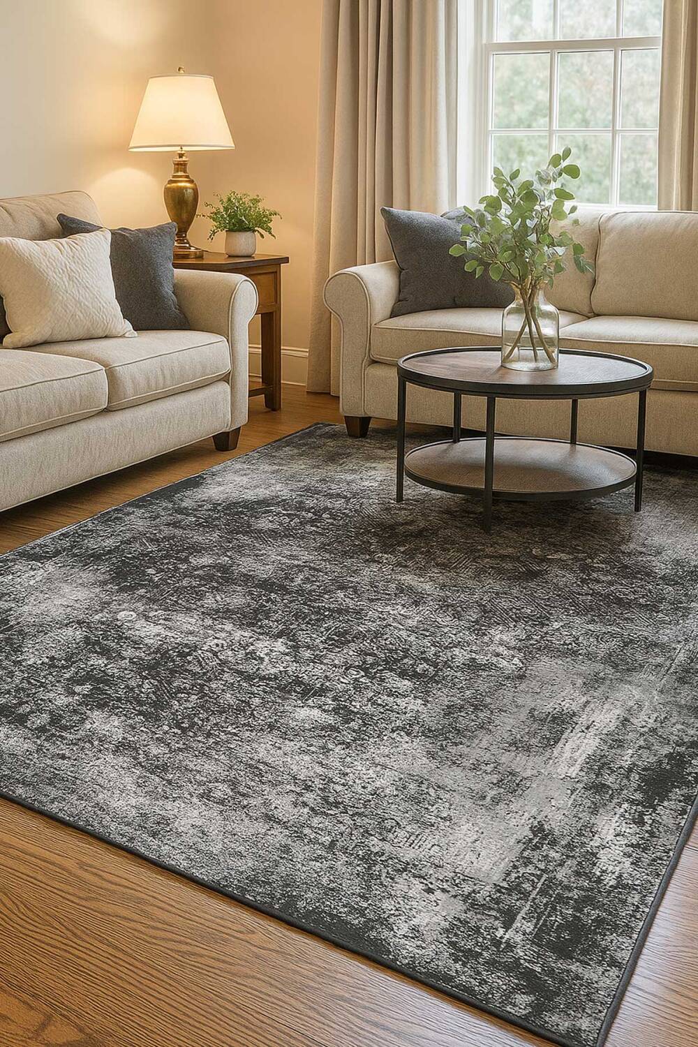 Vintage Desen Yıkanabilir Pamuk Taban Dekoratif Halı Gri - 1