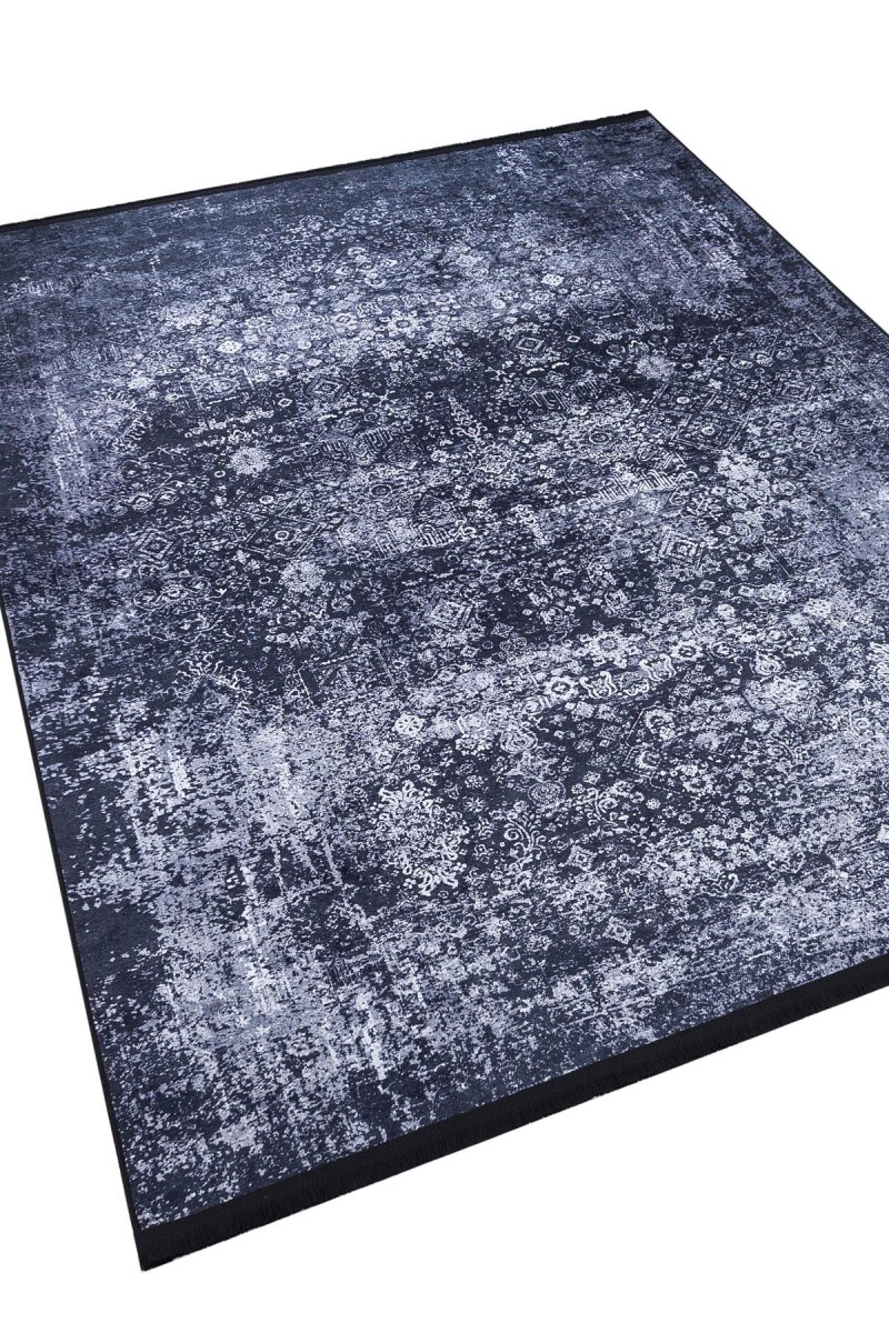 Vintage Desen Yıkanabilir Pamuk Taban Dekoratif Halı Lacivert - 3