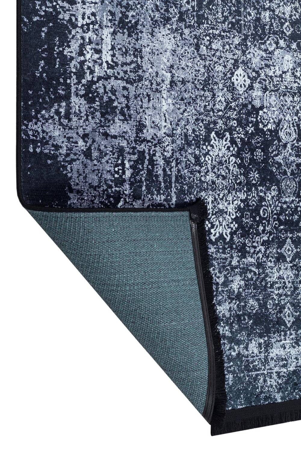 Vintage Desen Yıkanabilir Pamuk Taban Dekoratif Halı Lacivert - 5