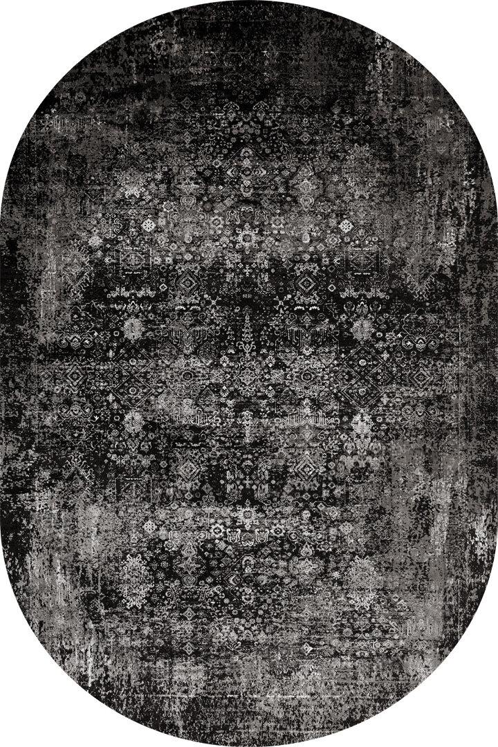 Vintage Desen Yıkanabilir Pamuk Taban Dekoratif Oval Halı Gri - Frenda
