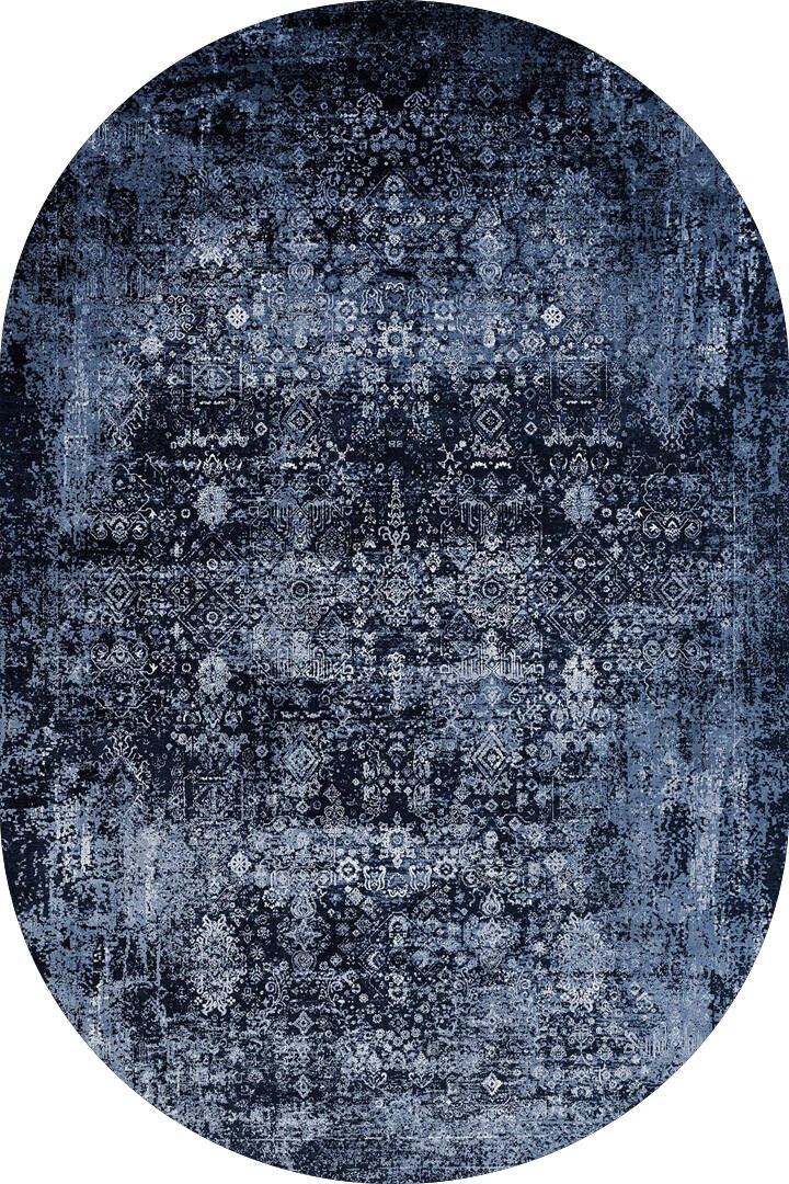 Vintage Desen Yıkanabilir Pamuk Taban Dekoratif Oval Halı Lacivert - 1