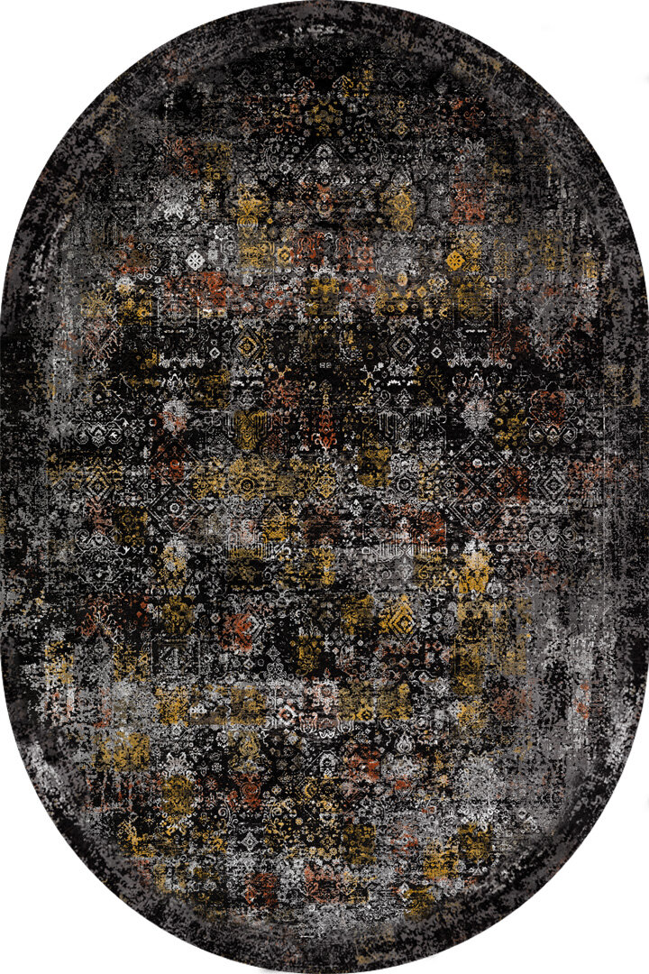 Vintage Desen Yıkanabilir Pamuk Taban Dekoratif Oval Halı Siyah 