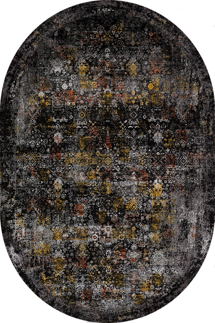 Vintage Desen Yıkanabilir Pamuk Taban Dekoratif Oval Halı Siyah - 1