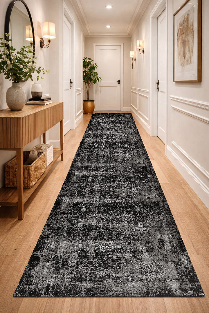 Vintage Desen Yıkanabilir Pamuk Taban Dekoratif Yolluk Halı Gri - Frenda