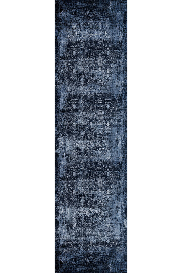 Vintage Desen Yıkanabilir Pamuk Taban Dekoratif Yolluk Halı Lacivert - 2