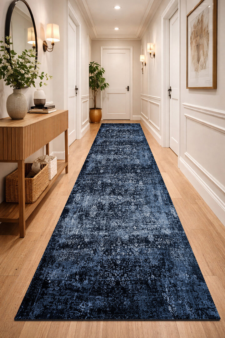 Vintage Desen Yıkanabilir Pamuk Taban Dekoratif Yolluk Halı Lacivert - Frenda