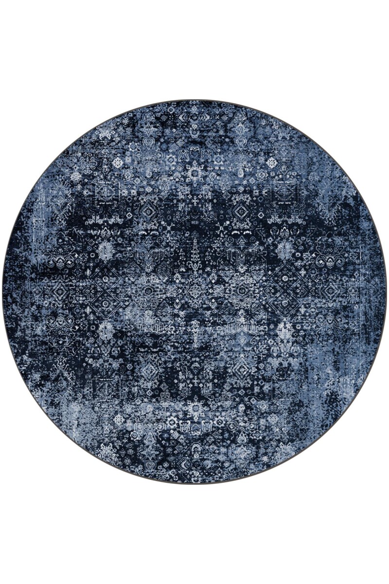 Vintage Desen Yıkanabilir Pamuk Taban Dekoratif Yuvarlak Halı Lacivert - Frenda