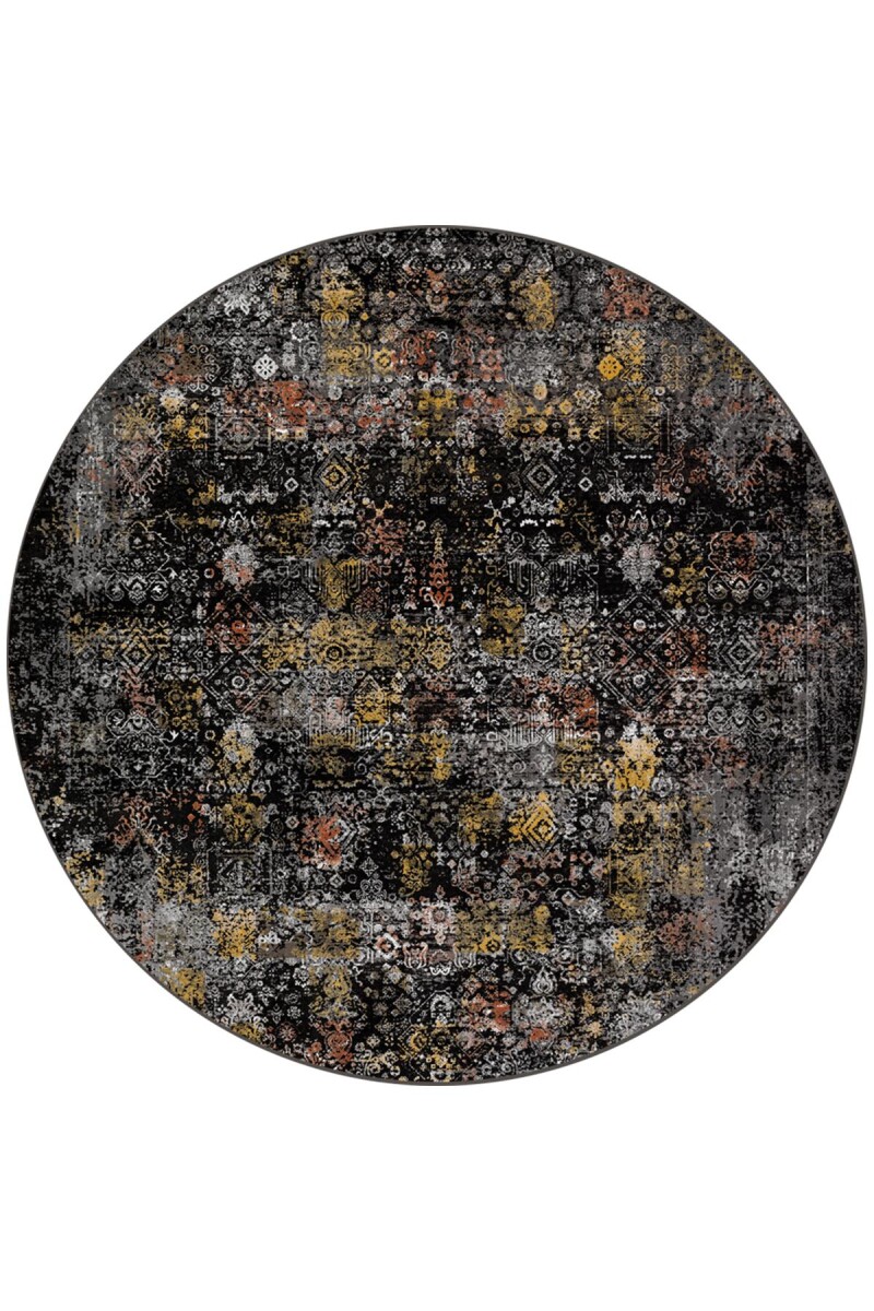 Vintage Desen Yıkanabilir Pamuk Taban Dekoratif Yuvarlak Halı Siyah - Frenda