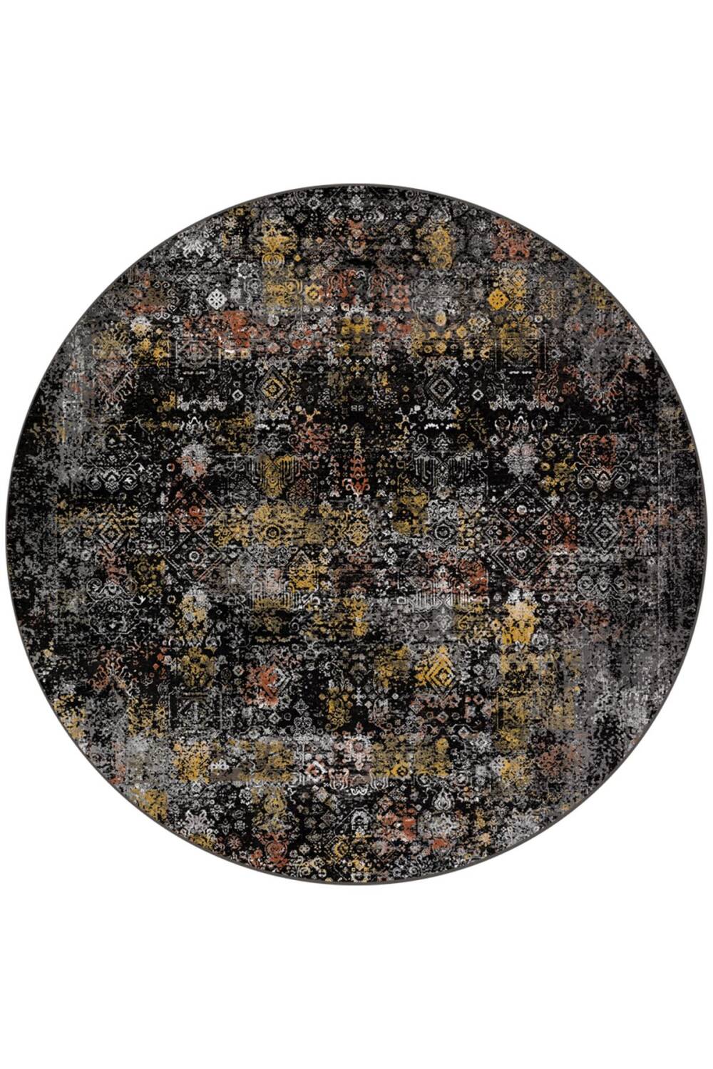 Vintage Desen Yıkanabilir Pamuk Taban Dekoratif Yuvarlak Halı Siyah - 1