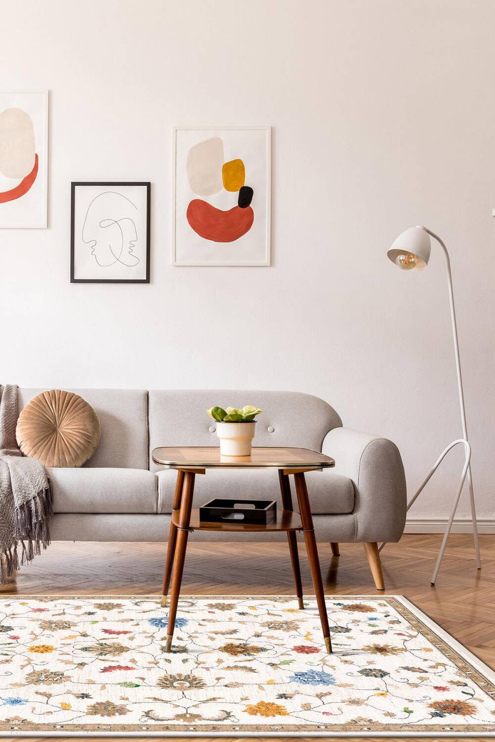 Vintage Desenli Dokuma Pamuk Taban Dijital Dekoratif Halı Beyaz - 1