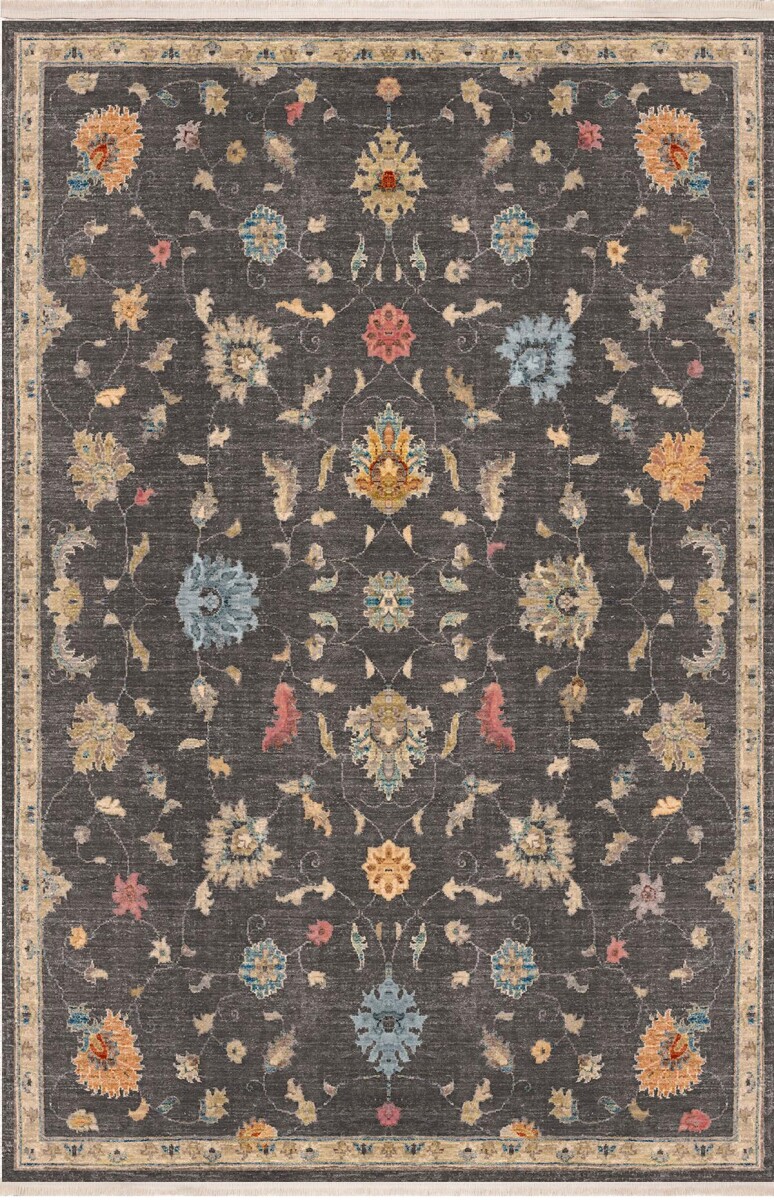 Vintage Desenli Dokuma Pamuk Taban Dijital Dekoratif Halı Gri - Frenda