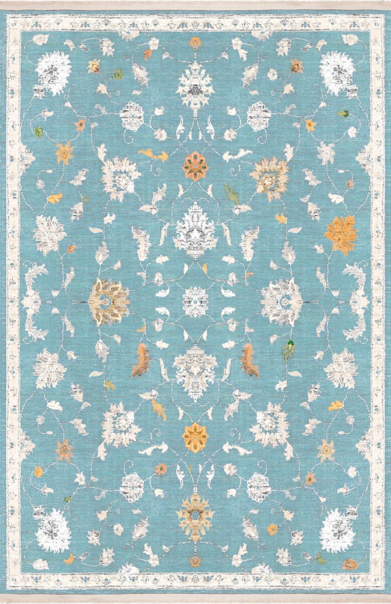 Vintage Desenli Dokuma Pamuk Taban Dijital Dekoratif Halı Mavi - Frenda