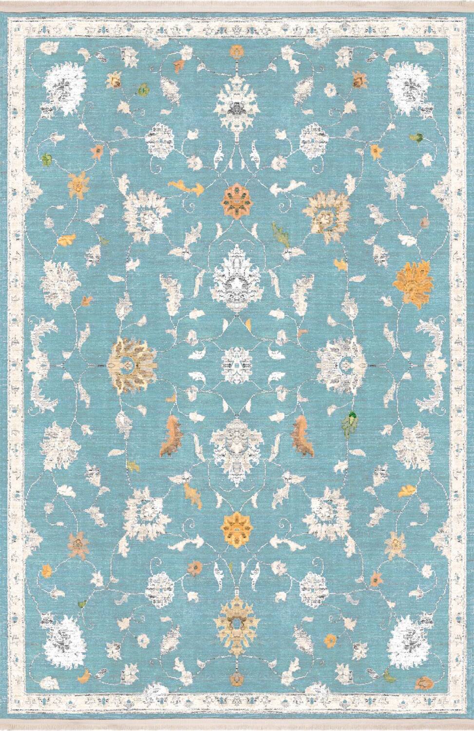 Vintage Desenli Dokuma Pamuk Taban Dijital Dekoratif Halı Mavi - 1