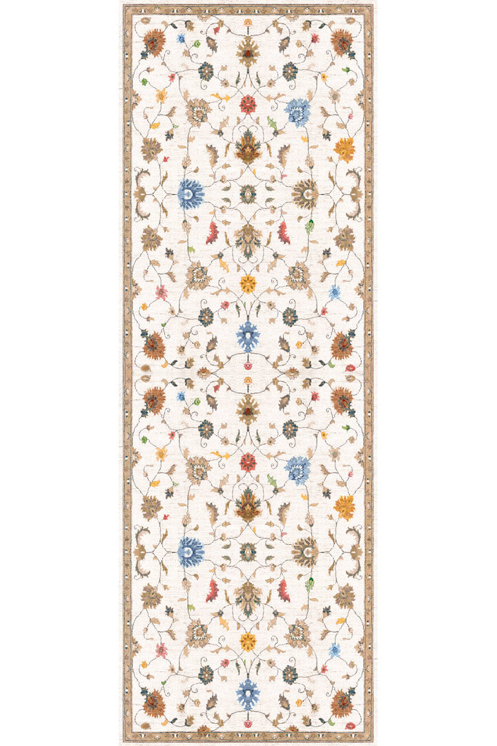 Vintage Desenli Dokuma Pamuk Taban Dijital Dekoratif Kesme Yolluk Halı Beyaz - Frenda (1)