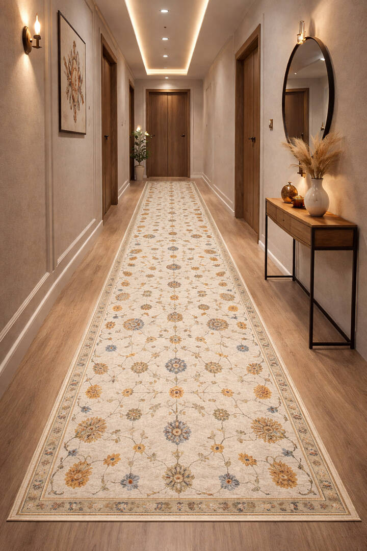 Vintage Desenli Dokuma Pamuk Taban Dijital Dekoratif Kesme Yolluk Halı Beyaz - 1