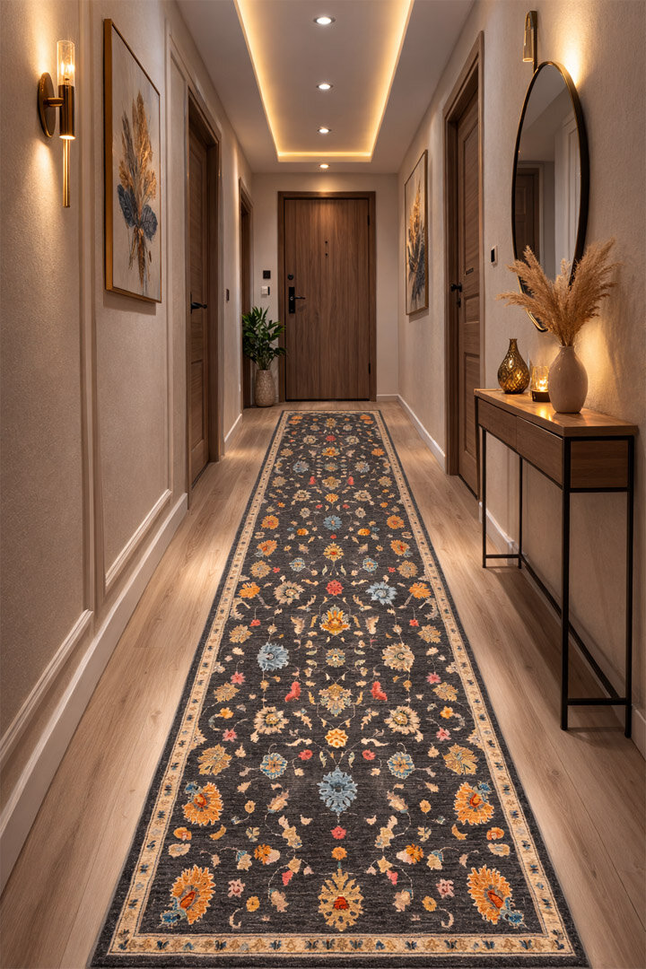 Vintage Desenli Dokuma Pamuk Taban Dijital Dekoratif Kesme Yolluk Halı Gri - Frenda