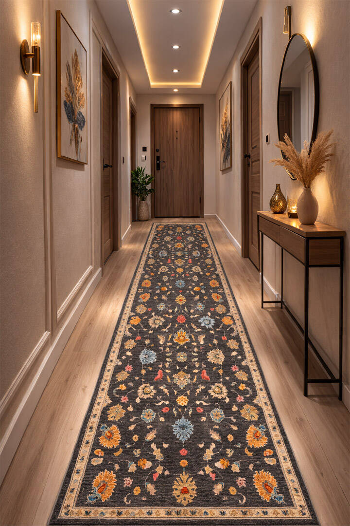 Vintage Desenli Dokuma Pamuk Taban Dijital Dekoratif Kesme Yolluk Halı Gri - 1