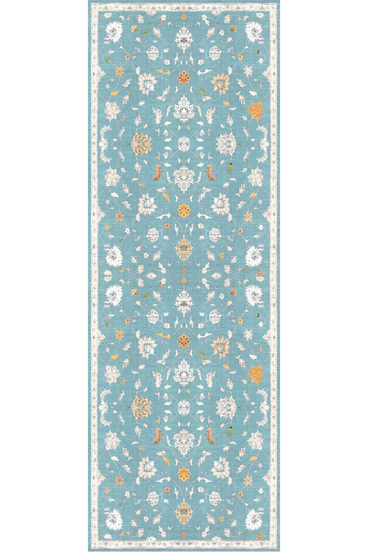 Vintage Desenli Dokuma Pamuk Taban Dijital Dekoratif Kesme Yolluk Halı Mavi - Frenda (1)