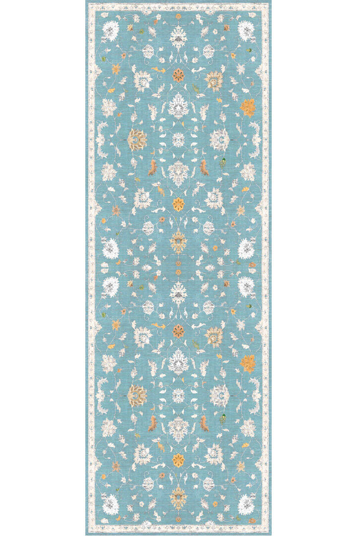 Vintage Desenli Dokuma Pamuk Taban Dijital Dekoratif Kesme Yolluk Halı Mavi - 2