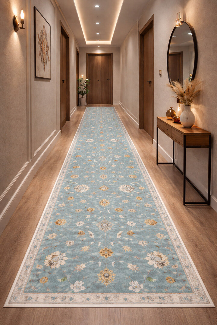 Vintage Desenli Dokuma Pamuk Taban Dijital Dekoratif Kesme Yolluk Halı Mavi - Frenda