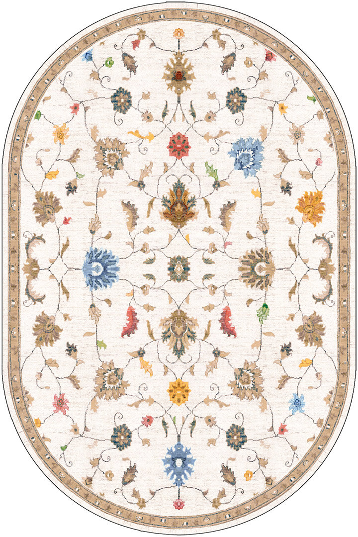 Vintage Desenli Dokuma Pamuk Taban Dijital Dekoratif Oval Halı Beyaz - Frenda