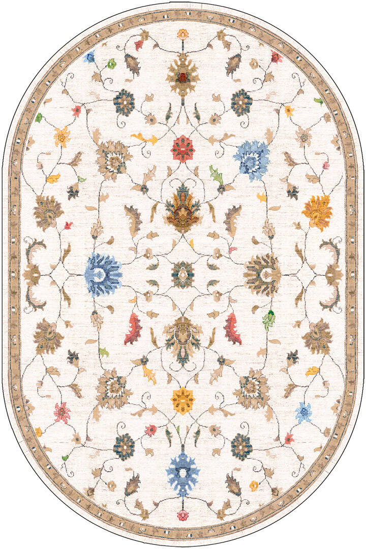 Vintage Desenli Dokuma Pamuk Taban Dijital Dekoratif Oval Halı Beyaz - 1