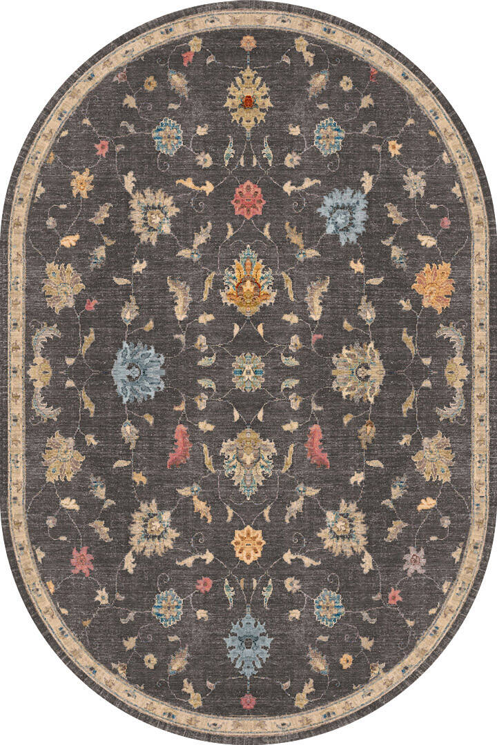 Vintage Desenli Dokuma Pamuk Taban Dijital Dekoratif Oval Halı Gri - 1