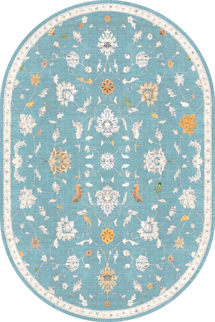 Vintage Desenli Dokuma Pamuk Taban Dijital Dekoratif Oval Halı Mavi - Frenda