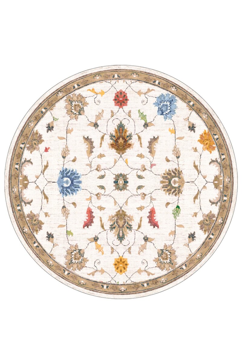 Vintage Desenli Dokuma Pamuk Taban Dijital Dekoratif Yuvarlak Halı Beyaz - Frenda