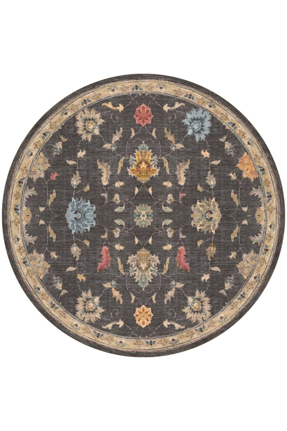 Vintage Desenli Dokuma Pamuk Taban Dijital Dekoratif Yuvarlak Halı Gri - 1