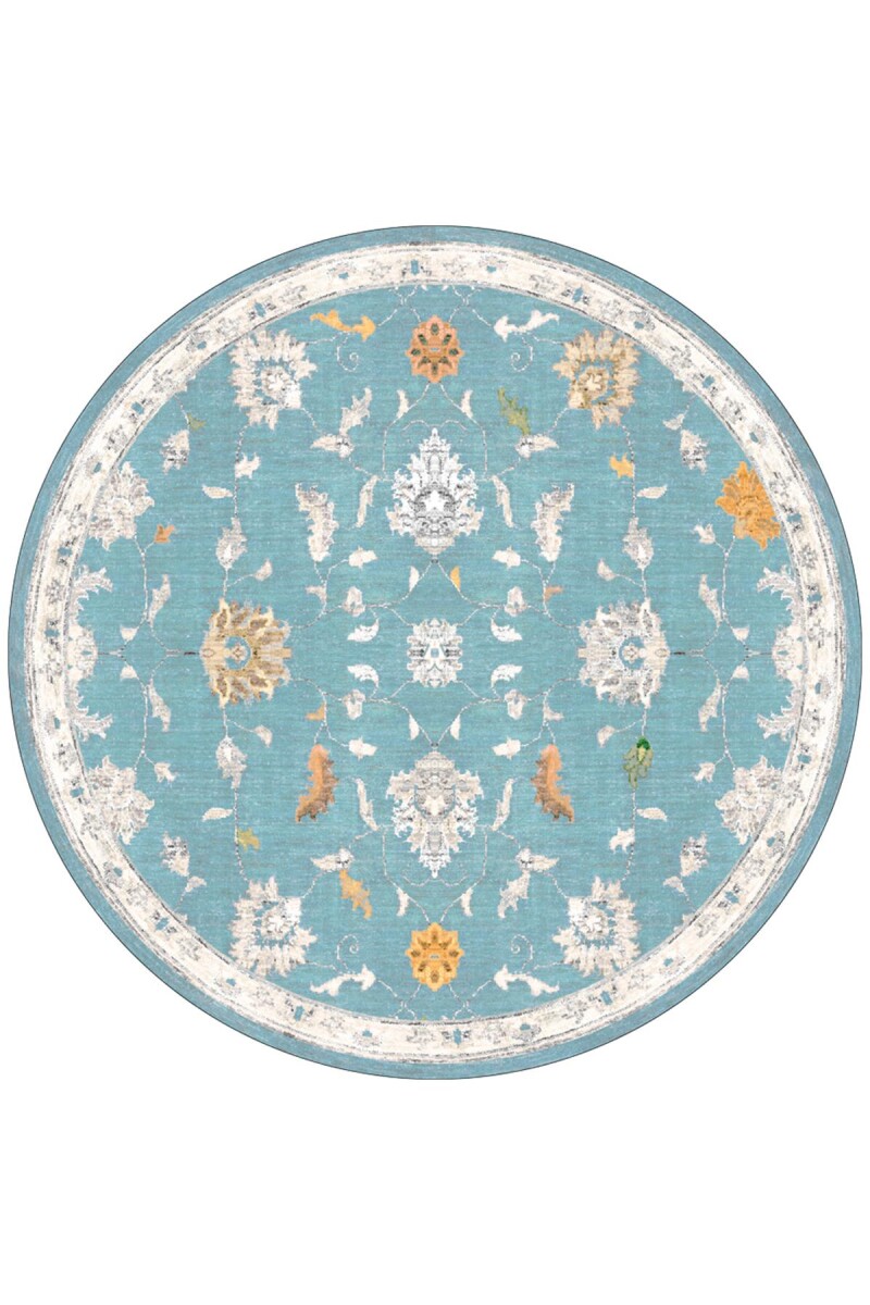 Vintage Desenli Dokuma Pamuk Taban Dijital Dekoratif Yuvarlak Halı Mavi - Frenda