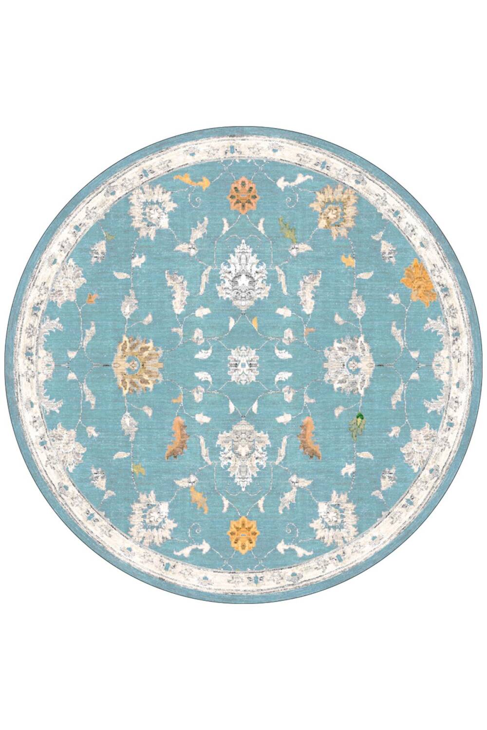 Vintage Desenli Dokuma Pamuk Taban Dijital Dekoratif Yuvarlak Halı Mavi - 1