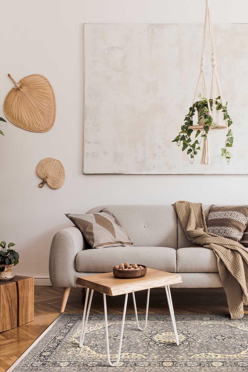 Vintage Desenli Pamuk Taban Baskılı Halı Bej - Frenda