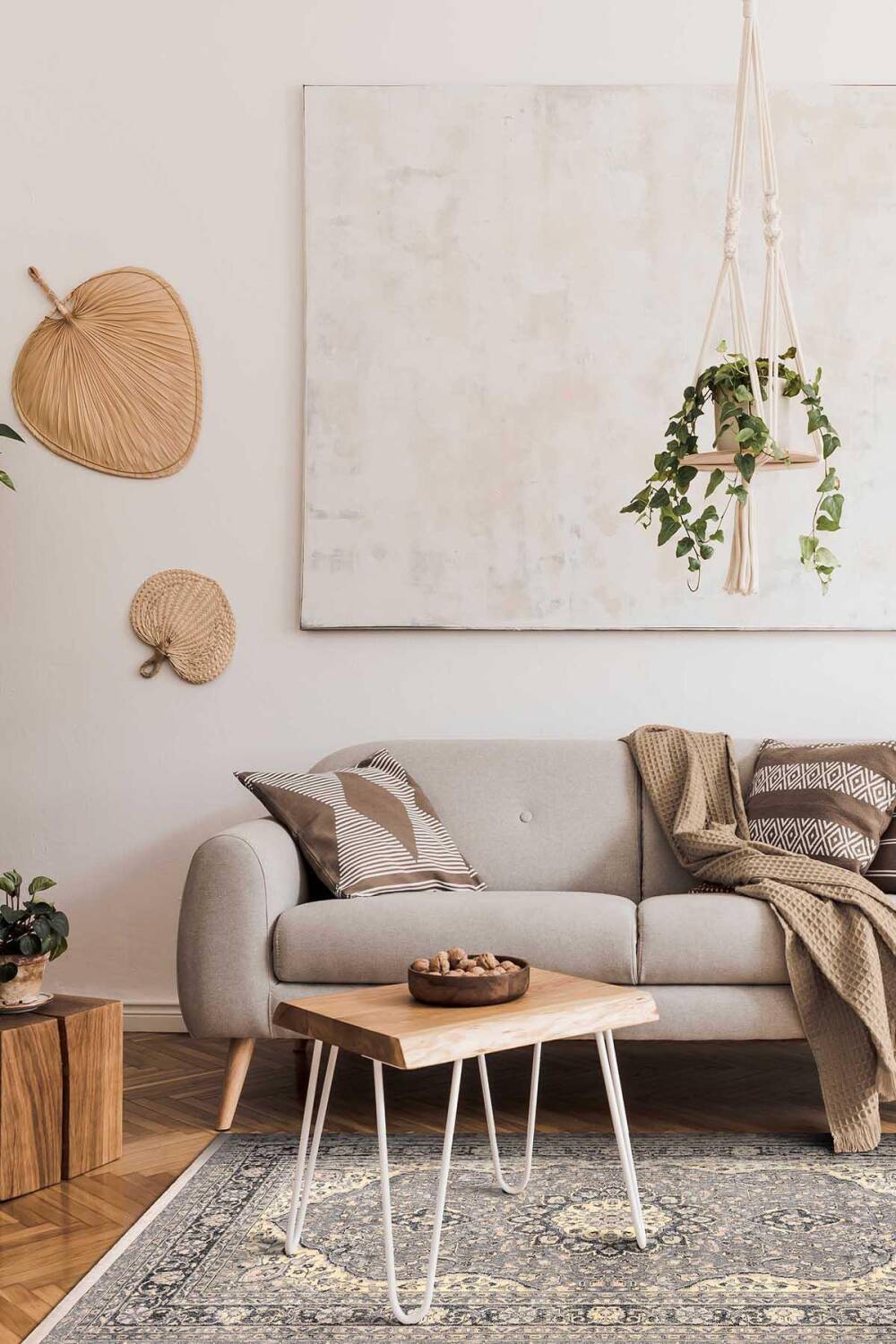 Vintage Desenli Pamuk Taban Baskılı Halı Bej - 1