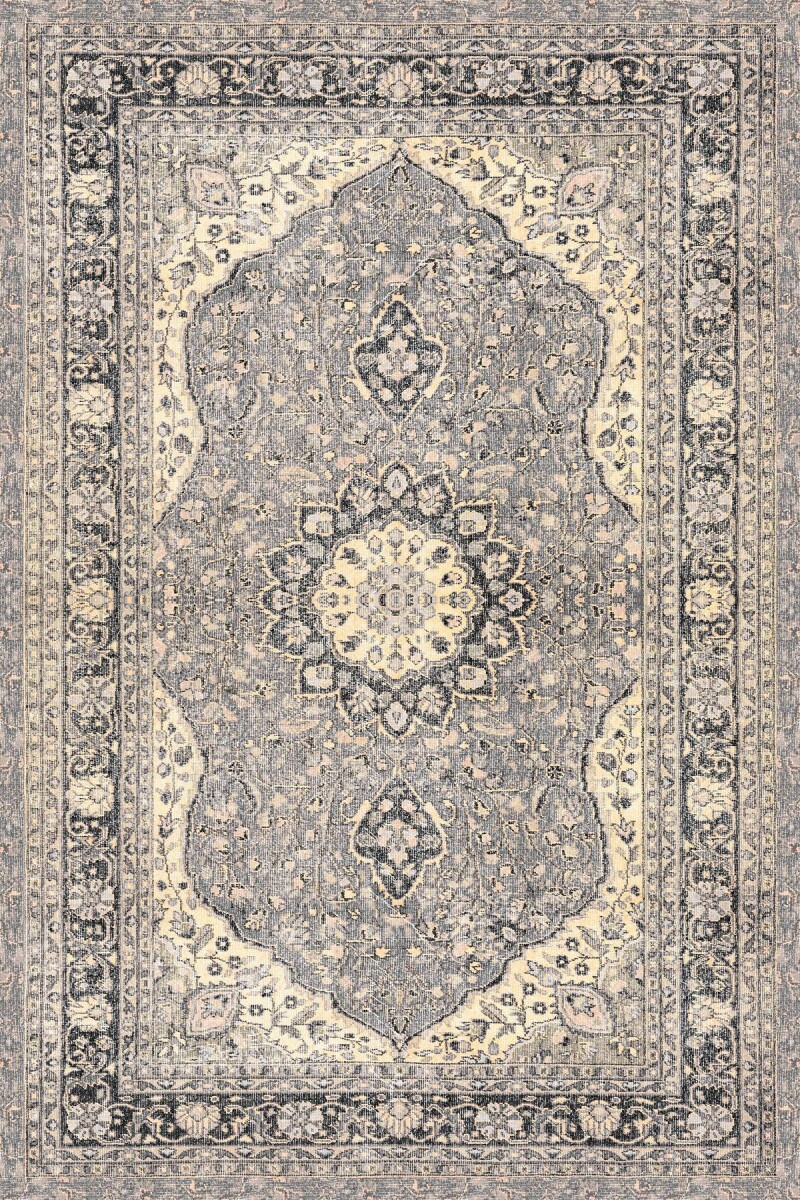 Vintage Desenli Pamuk Taban Baskılı Halı Bej - Frenda (1)