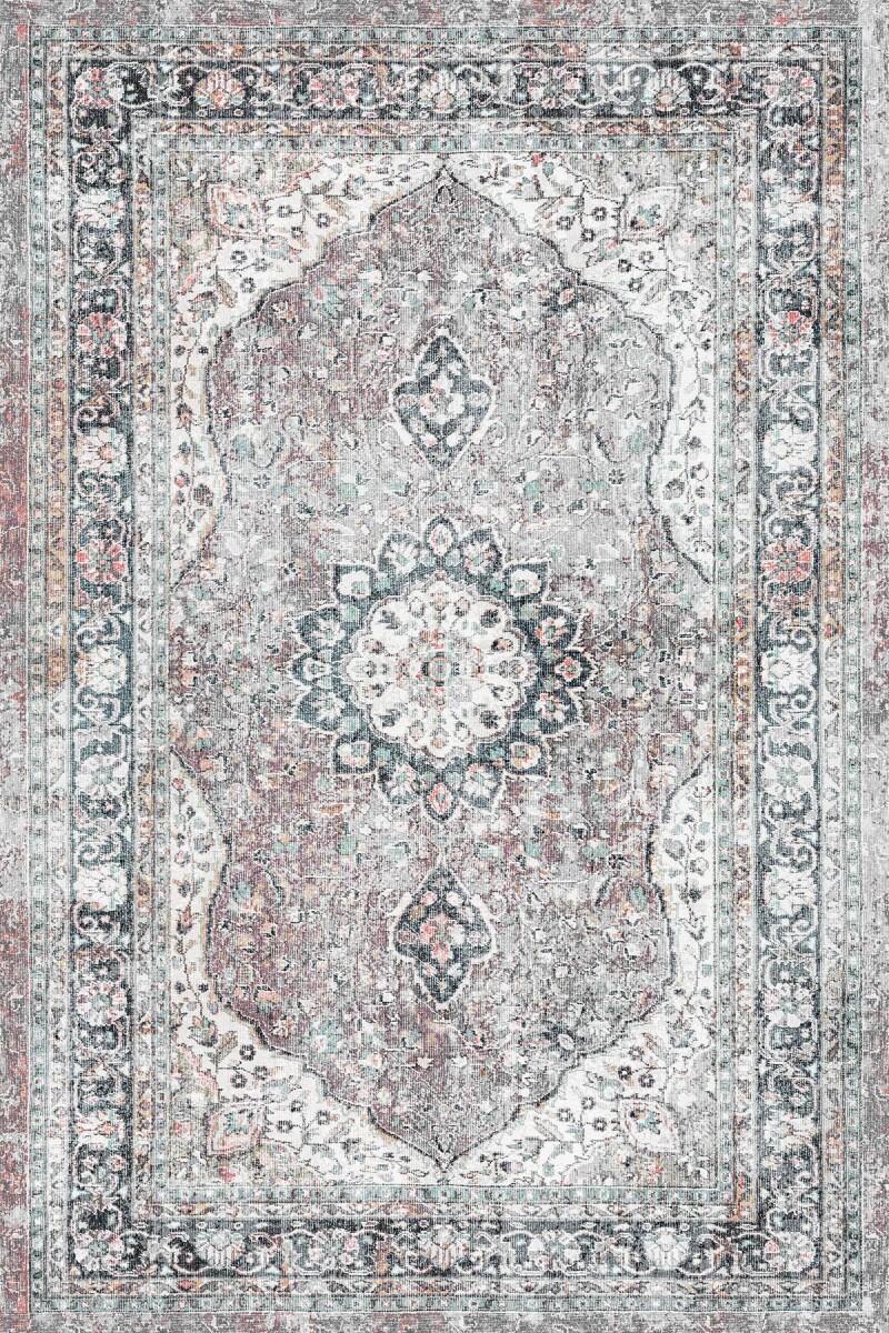 Vintage Desenli Pamuk Taban Baskılı Halı Gri 