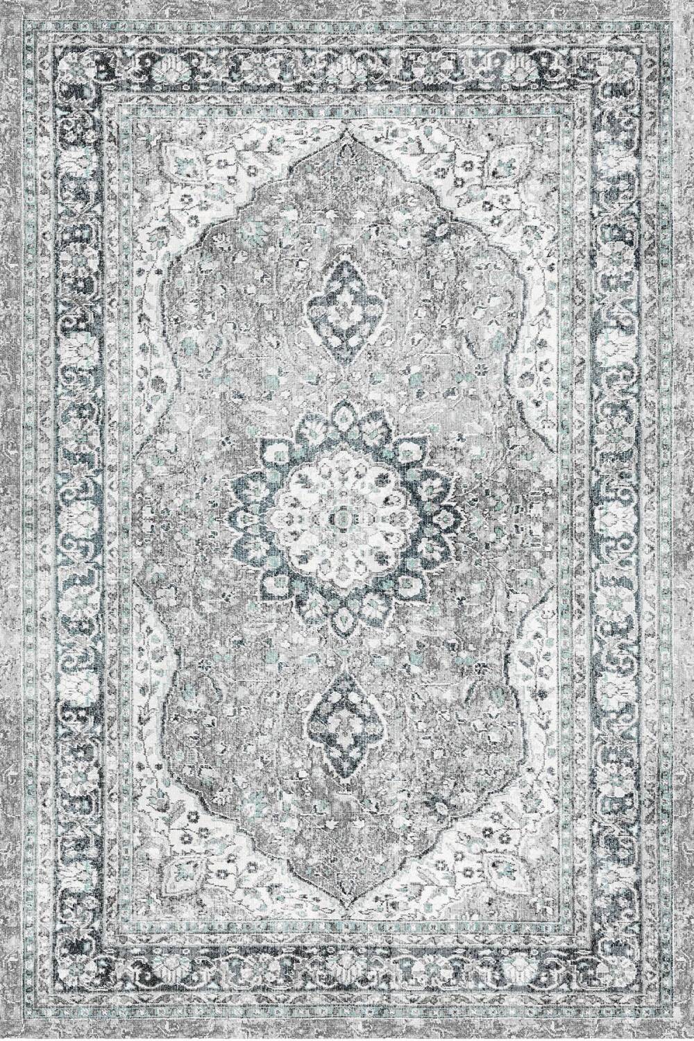 Vintage Desenli Pamuk Taban Baskılı Halı Yeşil - 1