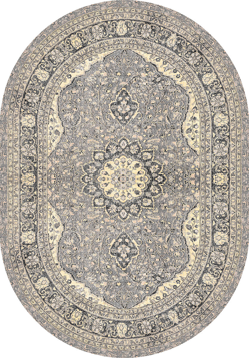 Vintage Desenli Pamuk Taban Baskılı Oval Halı Bej 