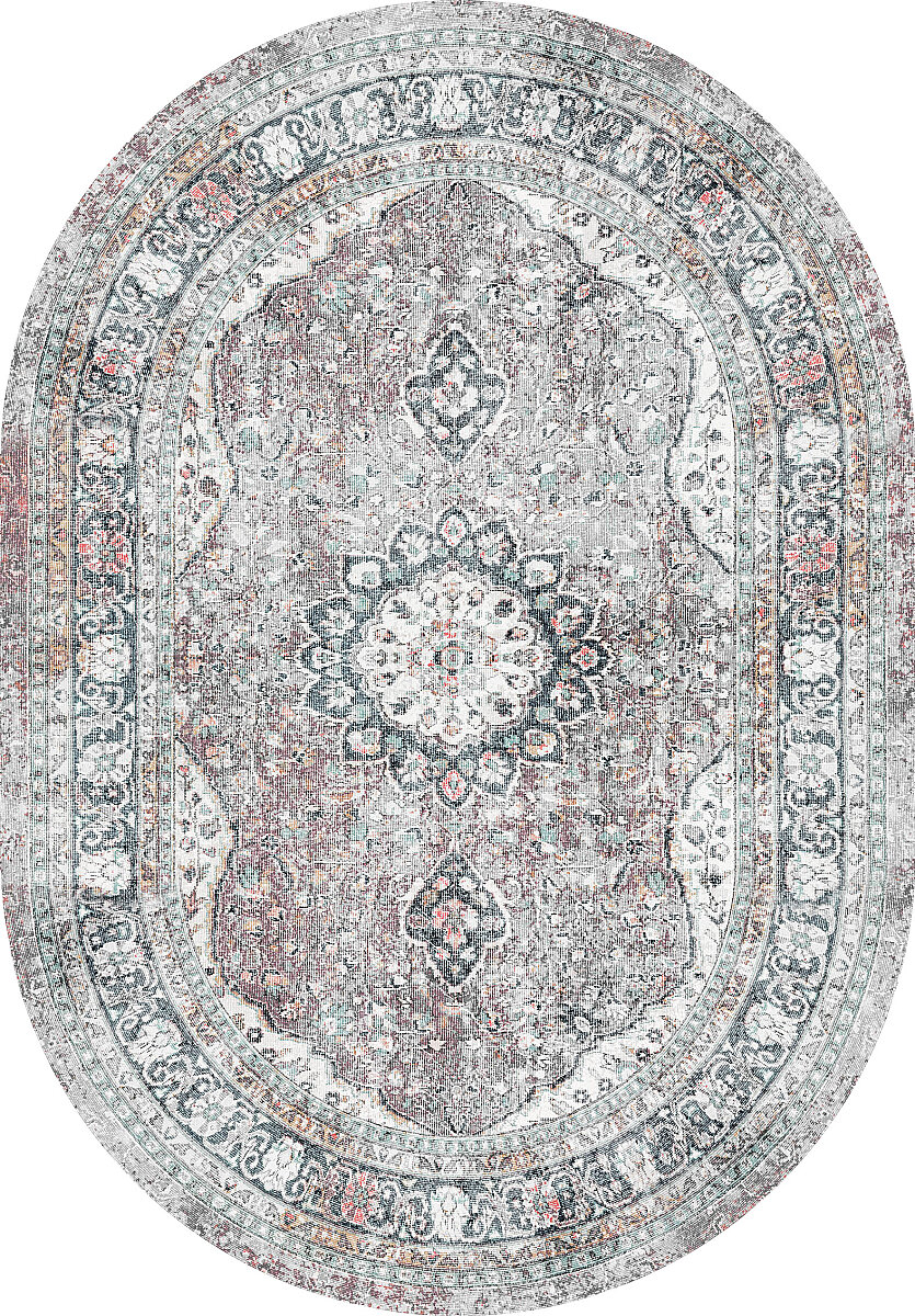 Vintage Desenli Pamuk Taban Baskılı Oval Halı Gri - Frenda